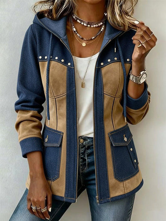 Alejandra | Chaqueta con capucha en bloques azul marino y camel