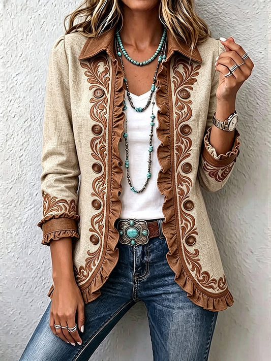 Pía | Chaqueta bohemia floral camel y café vintage con vuelos