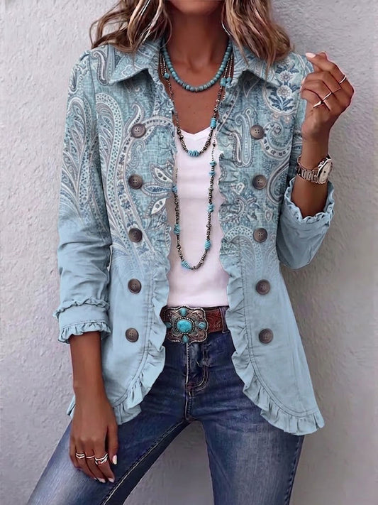 Marcela | Chaqueta vintage paisley celeste con vuelos